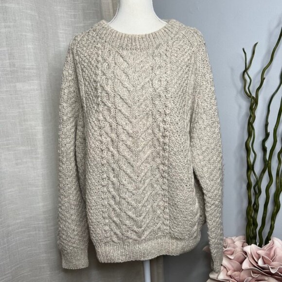 Vintage House of Ireland Hand Knit Wool Sweater Fisherman Oatmeal Unisex Size XL - Picture 1 of 12